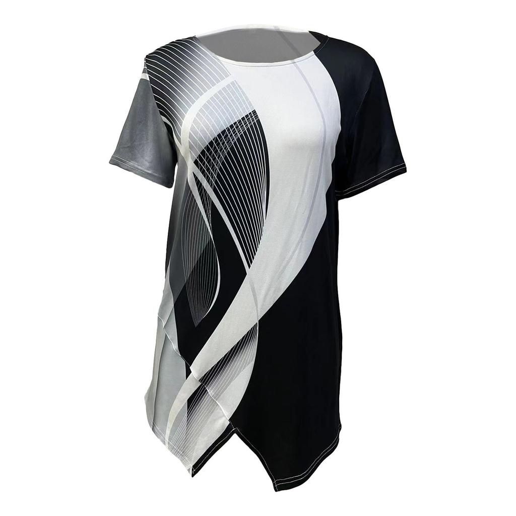 Fashion Womens Summer Geometric Print Loose Short Sleeve Irregular Hem T-Shirt