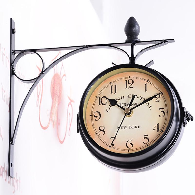 European Retro Double-Sided Decorative Iron Wall Clock for Living Room