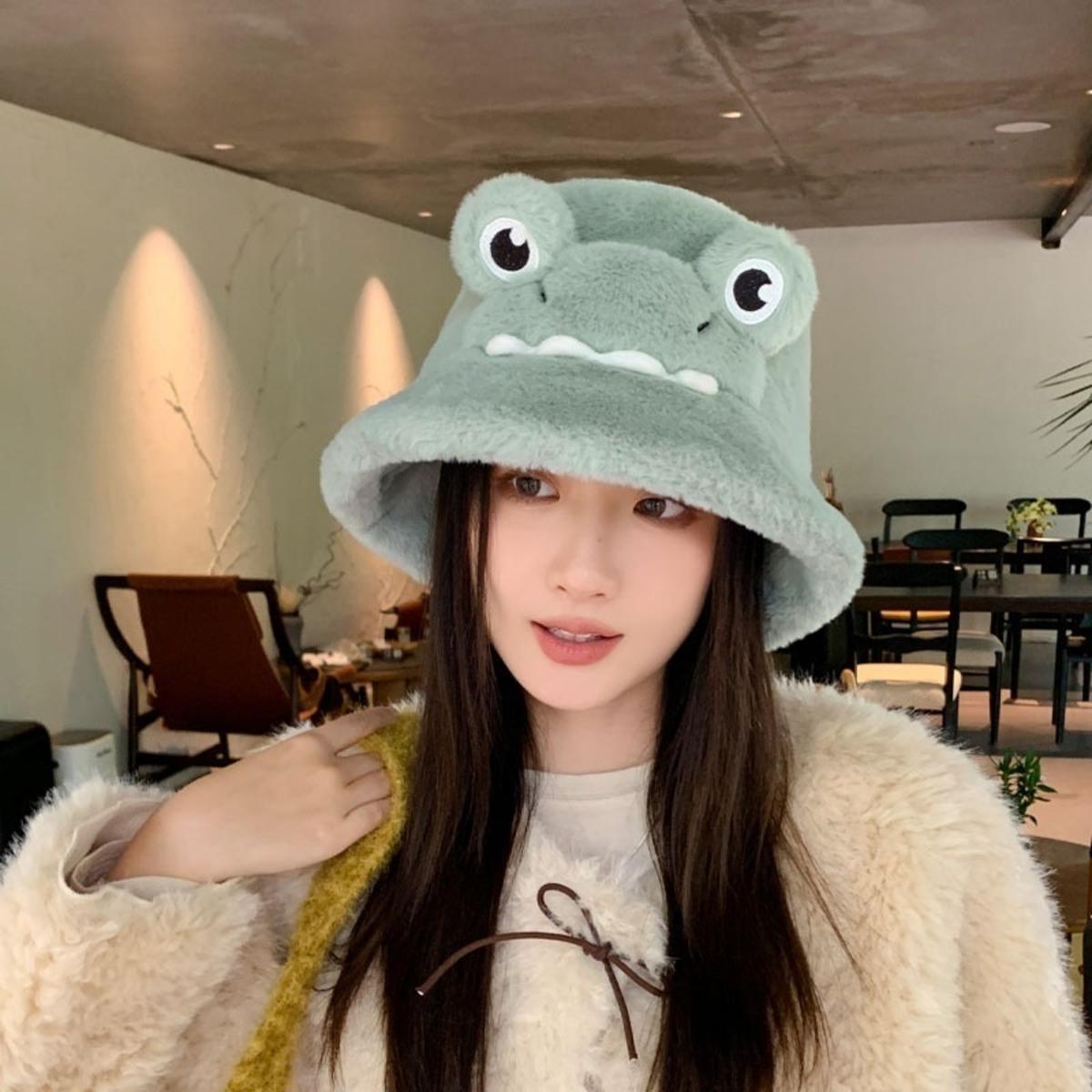 

Cute Autumn Winter Bucket Hat Bear Ear Plush Fisherman Hat Soft Warm Thick Basin Cap Sun Protection Bucket Hats one size зелёный