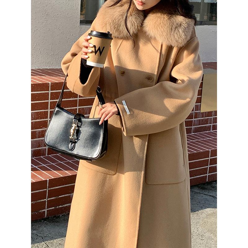 Double-sided pure wool coat, high-end large fur collar warm temperament commuter hand-sewn woolen coat