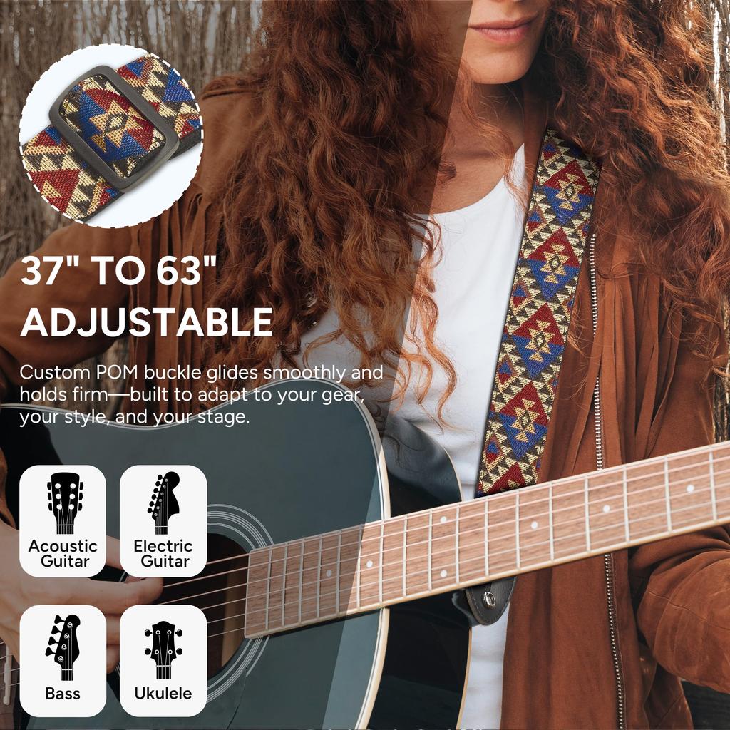 Amumu 2-Inch Triangle Toteum Woven Guitar Strap Tribal Geometric Multi-Color Vegan Leather Ends Adjustable 37-63 Inches Acoustic Electric Bass Guitars