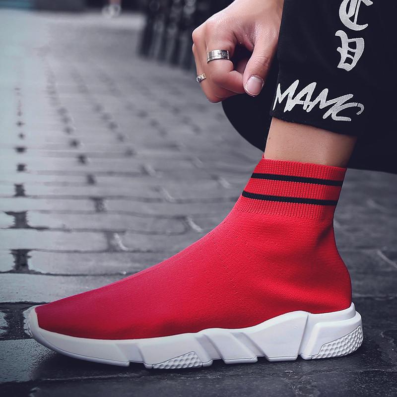 Fashion Red Men Sock Shoes Breathable Mesh High Top Sneakers Man Flast Slip-On Casual Shoes Men Plus Size 35-45 tenis masculino