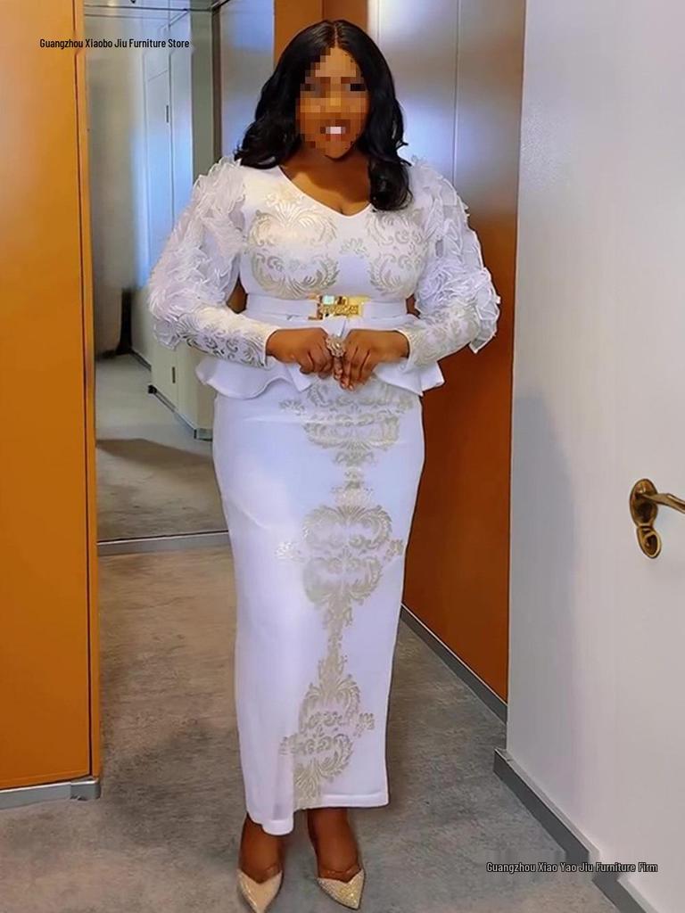 Plus Size Rhinestone Beaded V-neck Evening Dress for Women