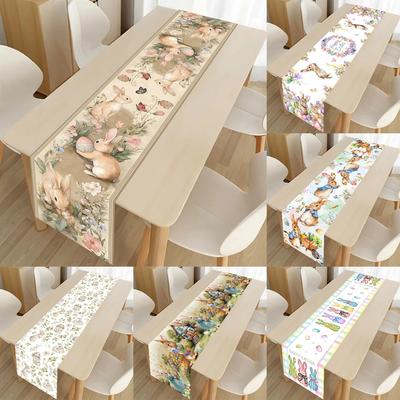 Vintage Easter Bunny Table Runner Polyester Rabbit Eggs Flower Table Flag Easter Decorations For Home Kitchen Dining Table Decor