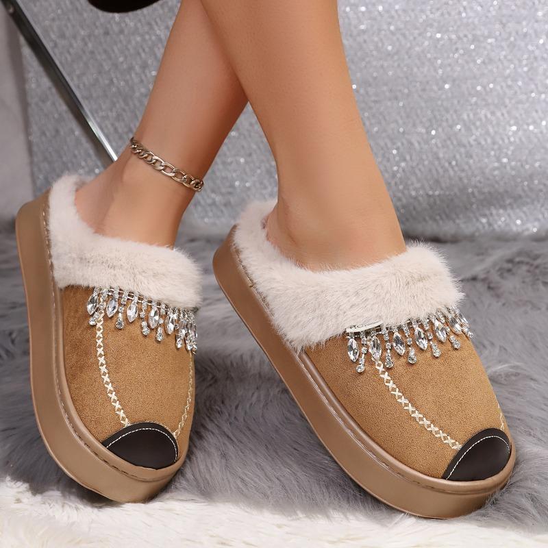 Baotou Cotton Mopping Winter New Round Head Suede Tassel Rhinestone Platform Anti-Slip Semi-Mopping