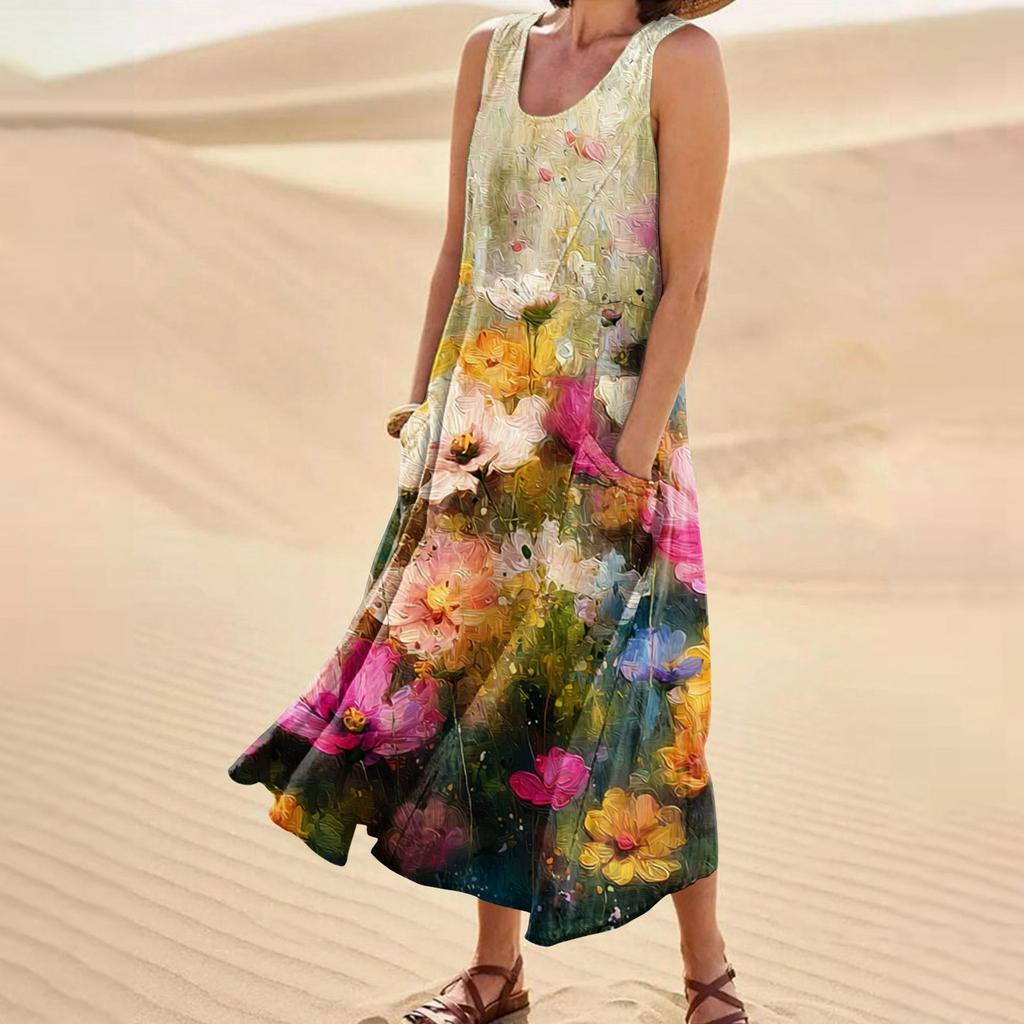 Women's Casual Fashion Flower Printed Sleeveless Pocket Dress