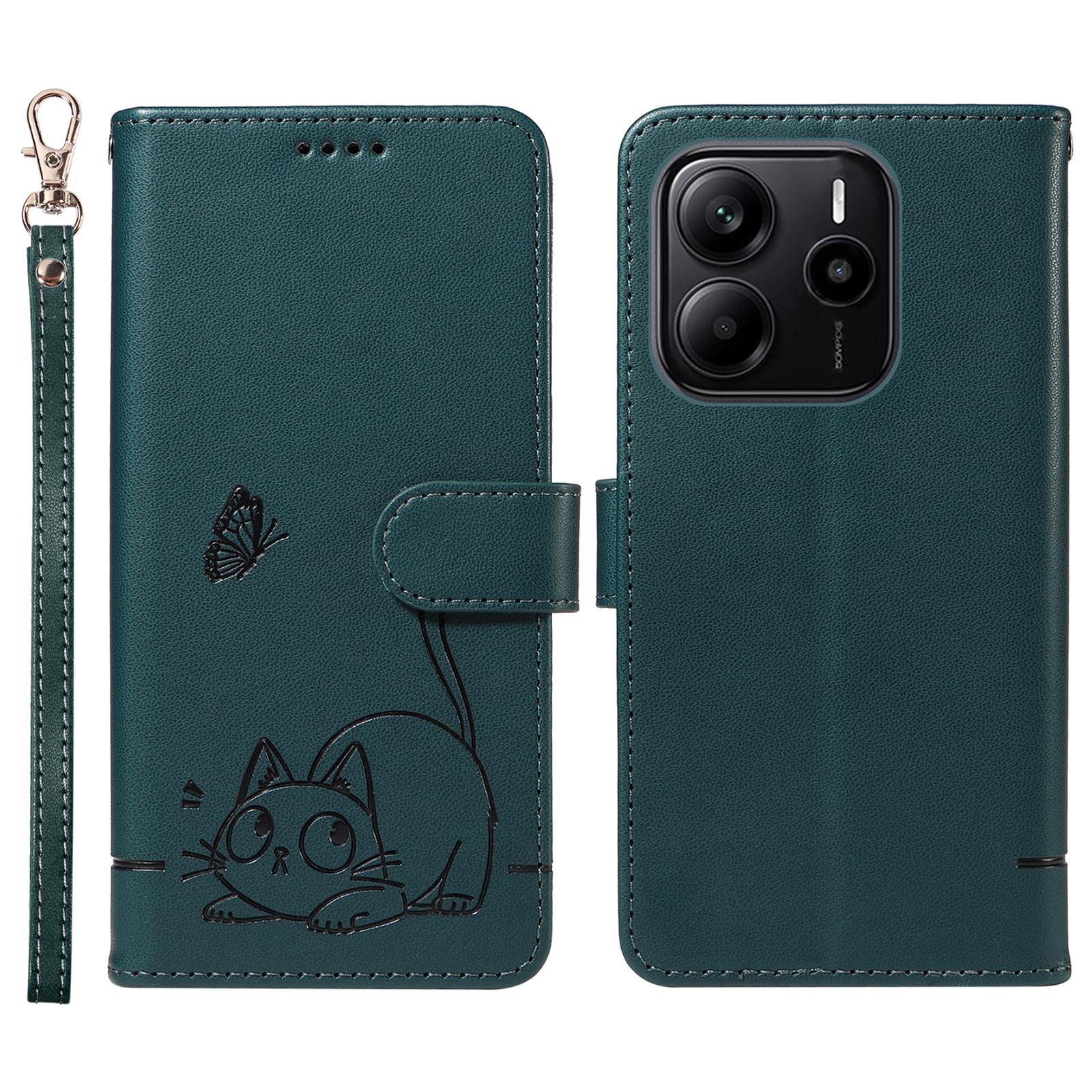 

Для Xiaomi Redmi Note 14 4G (164,84 мм) Чохол-гаманець з ремінцем на зап ястя, тиснення у вигляді кота, шкіряний чохол для телефону Blue