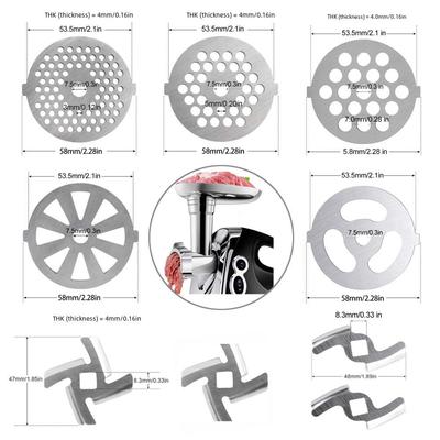 Stainless Steel Meat Grinder Accessories: Knife, Blade, Hole Plate, Sausage Stuffer, and Grinder Rod.