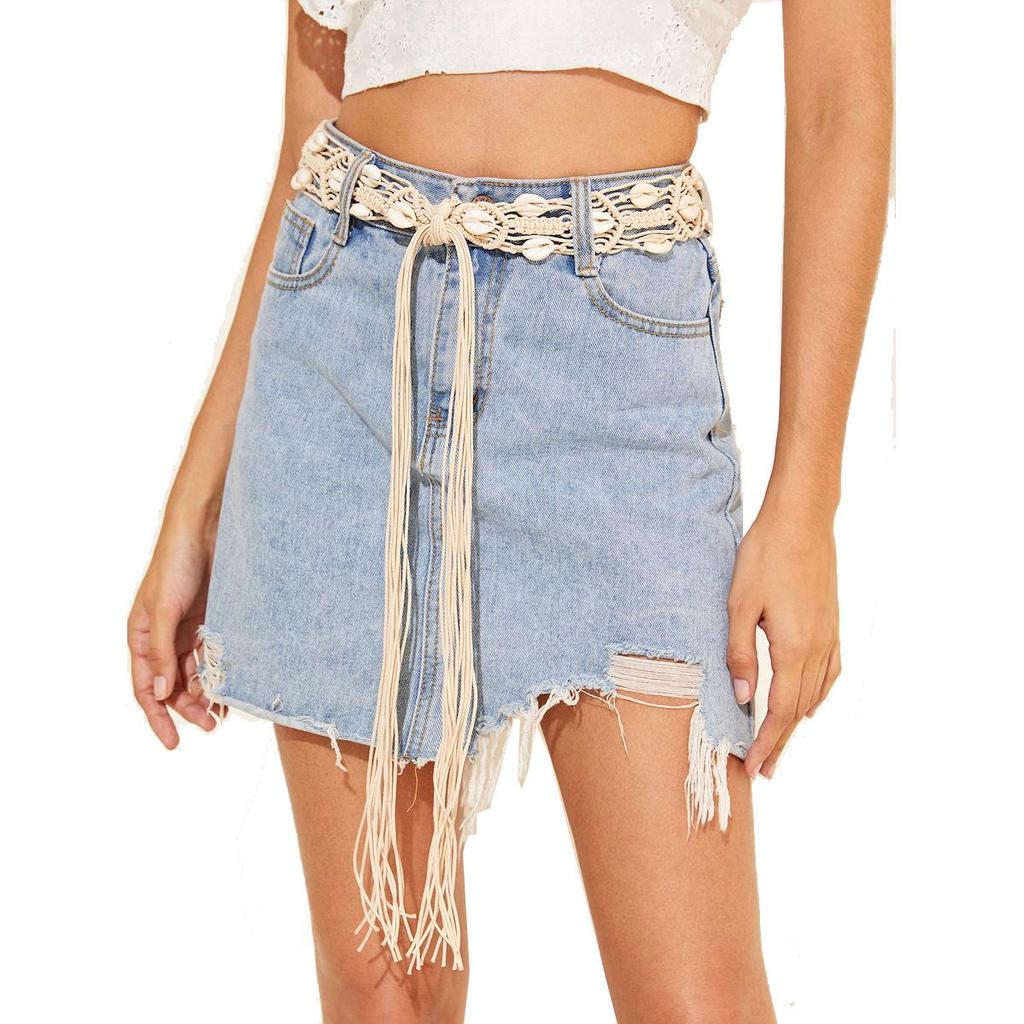 European & American Bohemian Style Cotton Rope Shell Waist Belt for Women