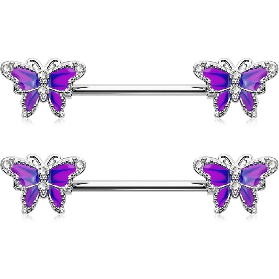 

Кольцо для соска Jewee Butterfly 14g, ювелирное изделие для пирсинга сосков, медицинская сталь 316L, штанга для сосков, фианит, мостик для пирсинга сосков, ювелирное изделие для женского тела фиолетовый