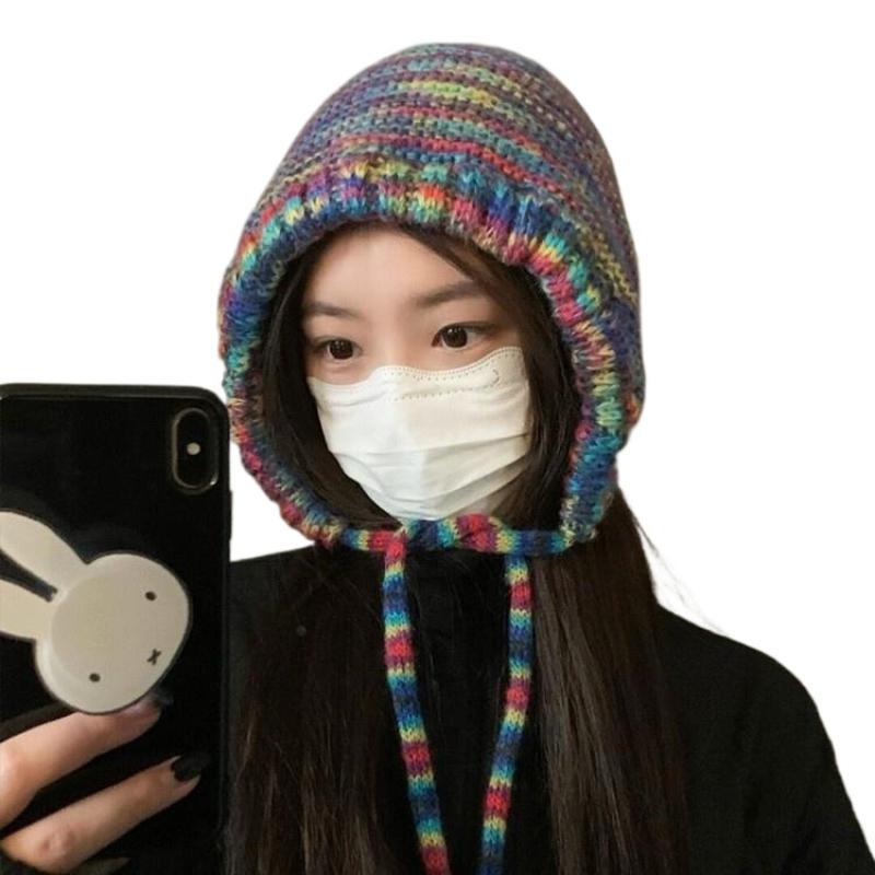 New Rainbow Striped Knitting Beanie Hat Women Girl Winter Warm Crochet Ear Protection Cap