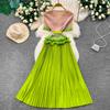 Elegant Beaded Embroidery Oversize Pleated Dress Women Summer Gradient Pink Green V Neck Ruffle Belt High Elastic Midi Dress