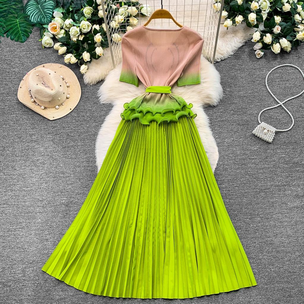 Elegant Beaded Embroidery Oversize Pleated Dress Women Summer Gradient Pink Green V Neck Ruffle Belt High Elastic Midi Dress