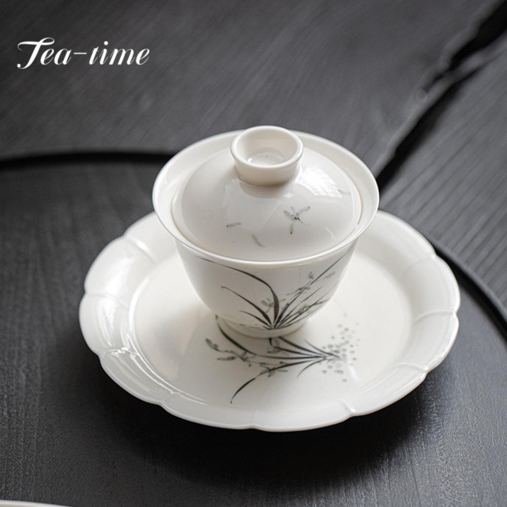 140ml Unterglasur Handbemalt Orchidee Teeterrine Einzelbecher Keramik Einfache Teetassen Weißes Porzellan Deckel Schale Kung Fu Teeset