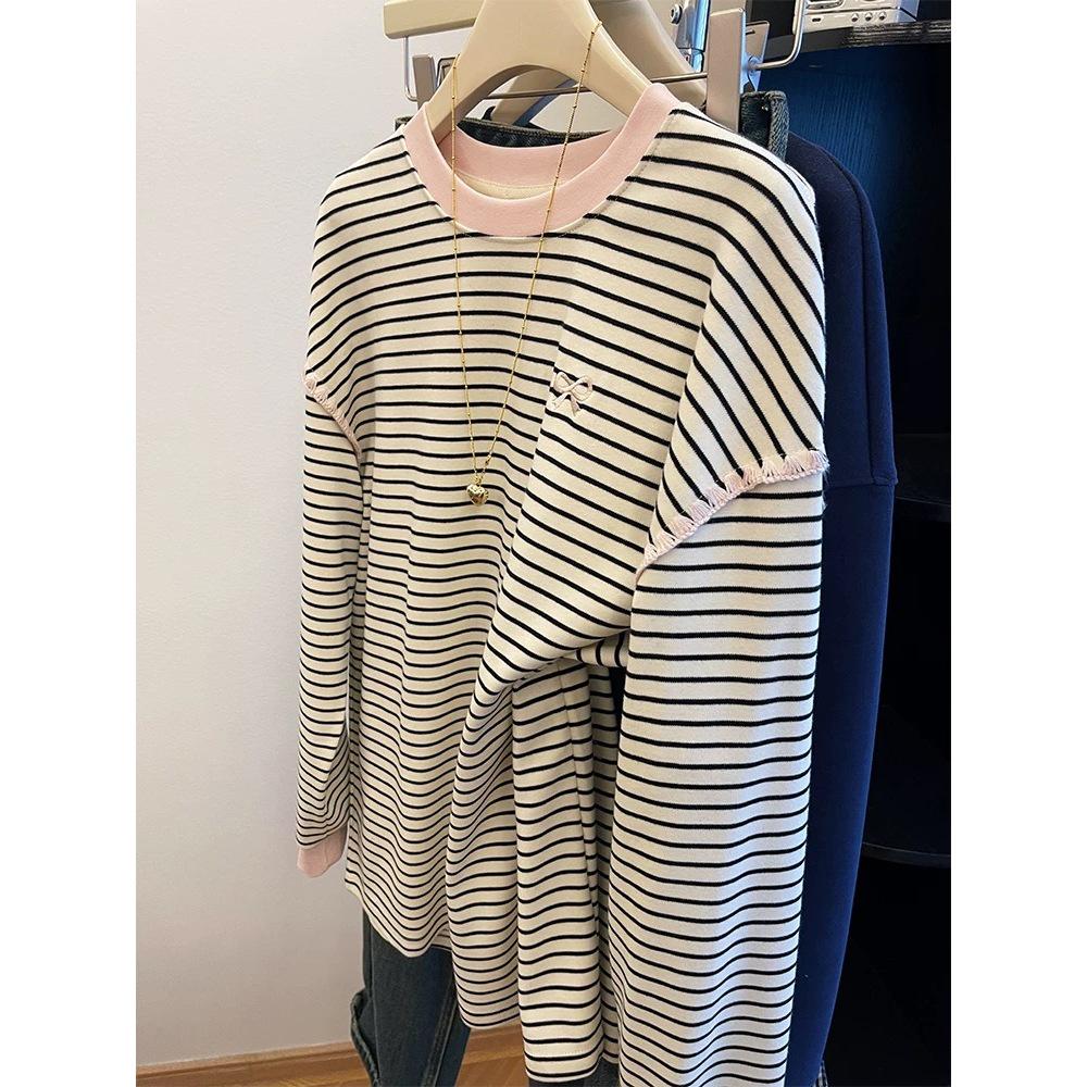 Women's Striped Bow Long-Sleeve Casual Top - Relaxed Fit, Plus Size, Autumn/Winter