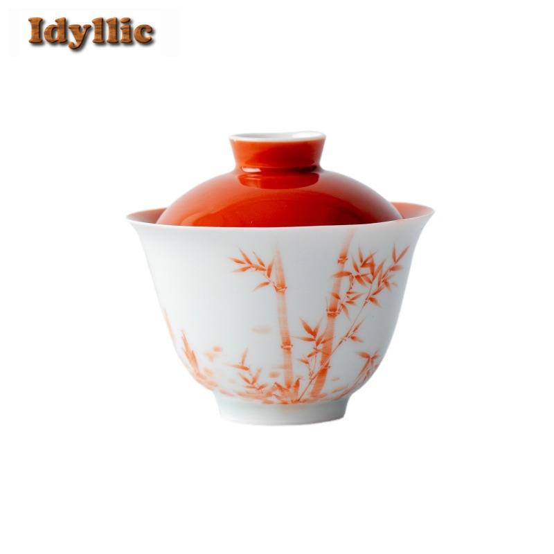 150ml Hand-painted Underglaze Color Bamboo Gaiwan Zen Tea Tureen Tea Bowl With Lid Kit Tea Making Cover Bowl Tea Services Gift