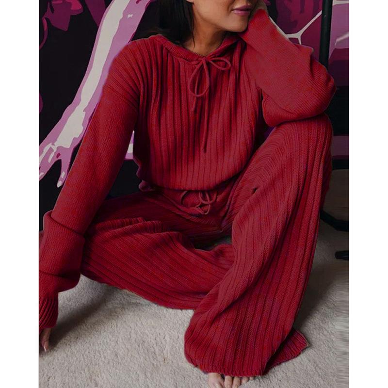 IHUASU Women's Autumn Solid-color Long-sleeved Loose Striped Hooded Casual Suit