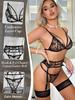 popiv Women's Sexy Lingerie Set with Garter Belt Matching Bra and Panty Lingeries Sets 4 Piece