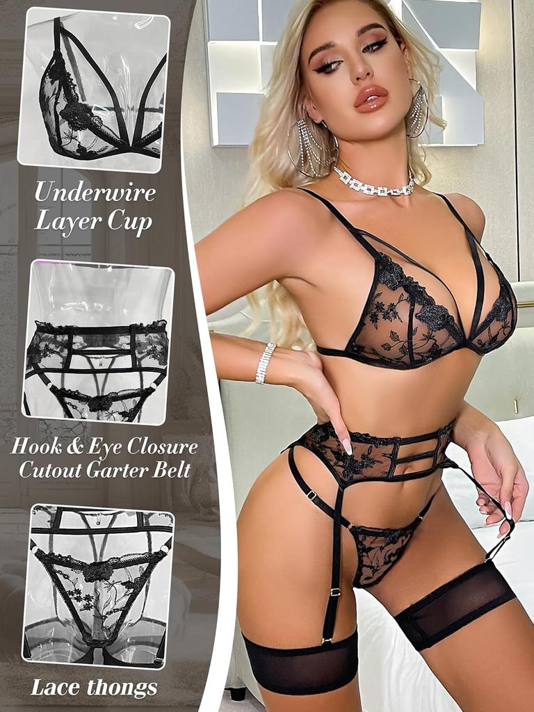 popiv Women's Sexy Lingerie Set with Garter Belt Matching Bra and Panty Lingeries Sets 4 Piece