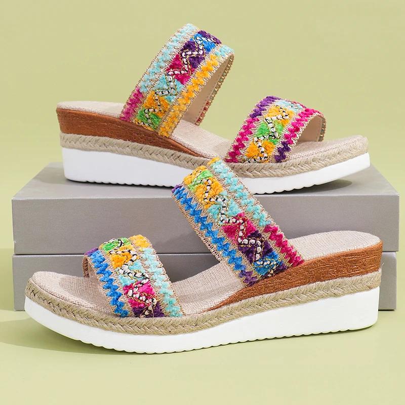 Fashion Colorful Striped Wedge Sandals Women Summer Lightweight Non Slip Beach Slippers Woman Plus Size Fashion Slip On Platform Sandals