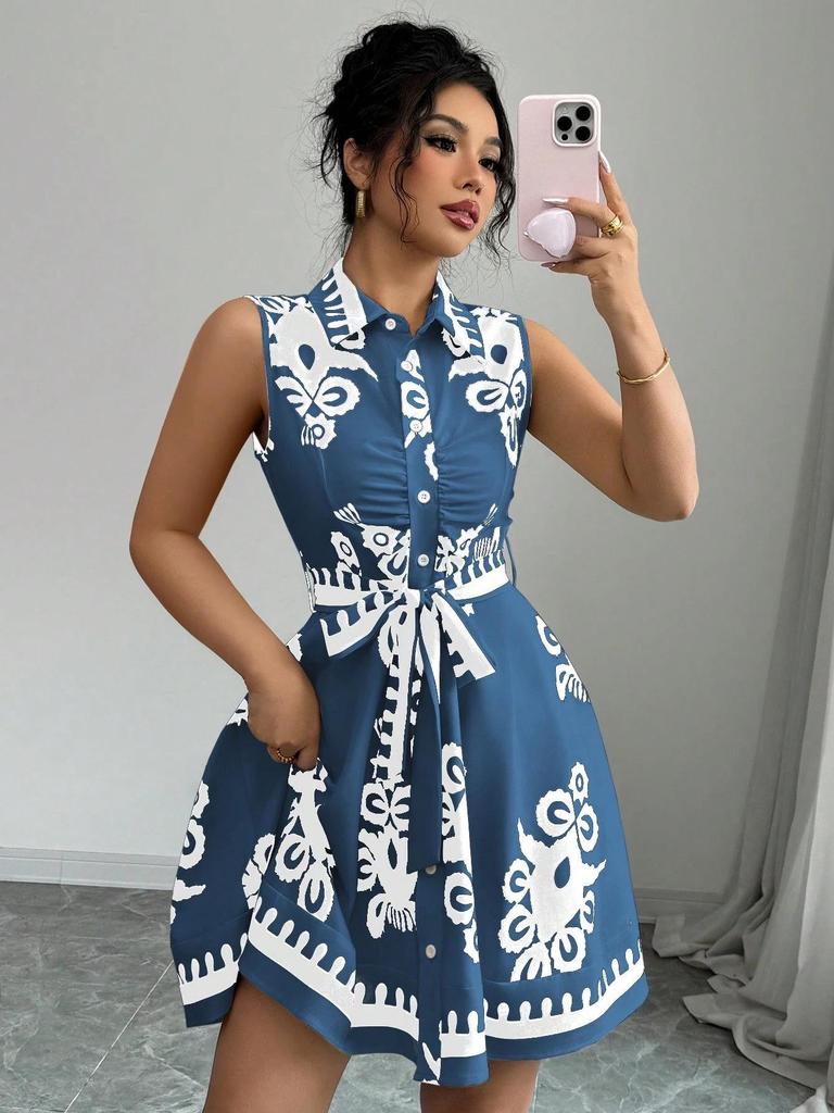 European & American Women's Summer 2025 Sleeveless Lace-up Waist-cinching Printed Dress