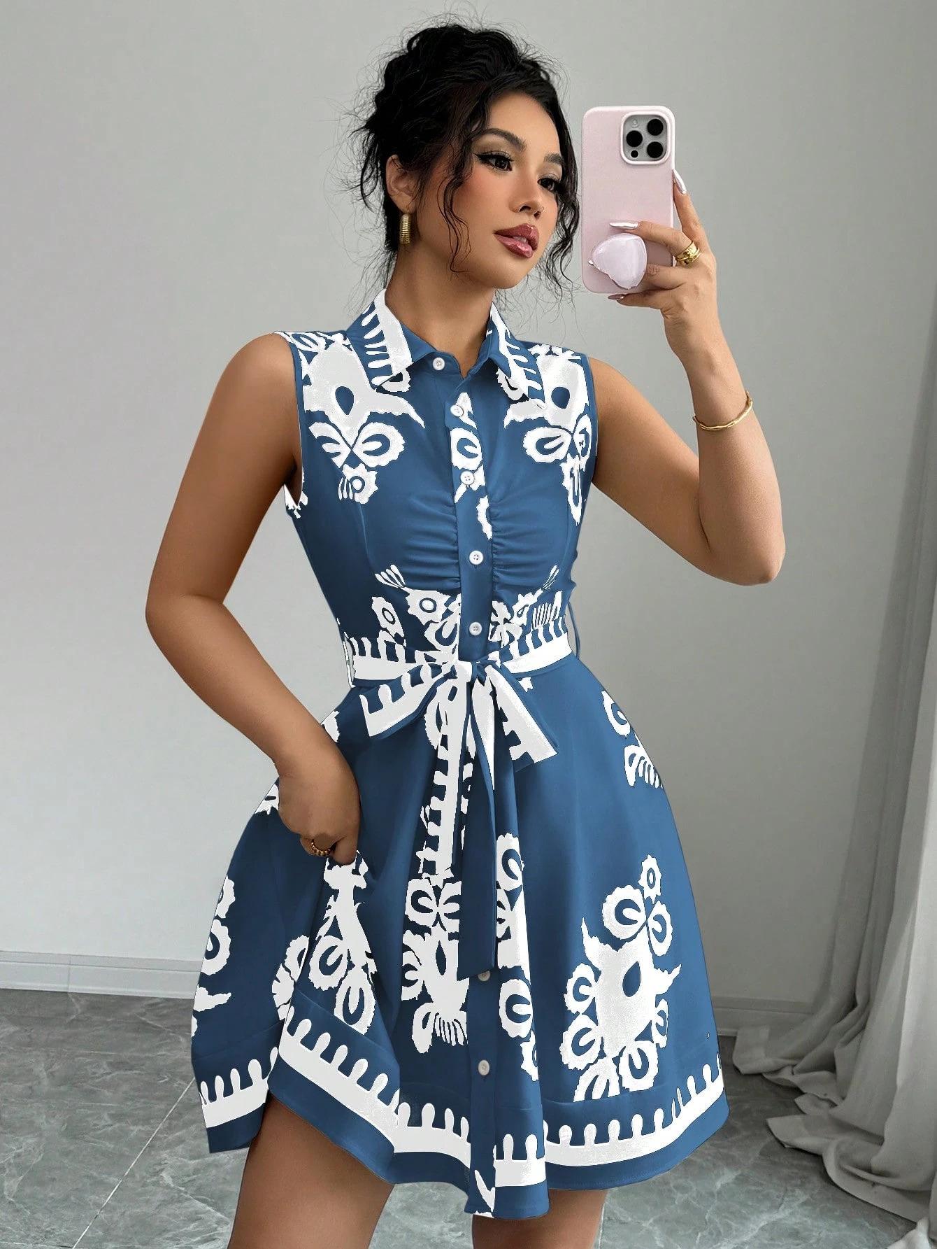 2025 Summer Sleeveless Waist-Cinching Bandage Print Dress L синий