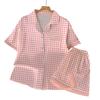 Summer Ice Silk Pajamas Women'S Short-Sleeved Shorts Lapel Sexy Pink Thousand Bird Grid Loungewear Suit Girl