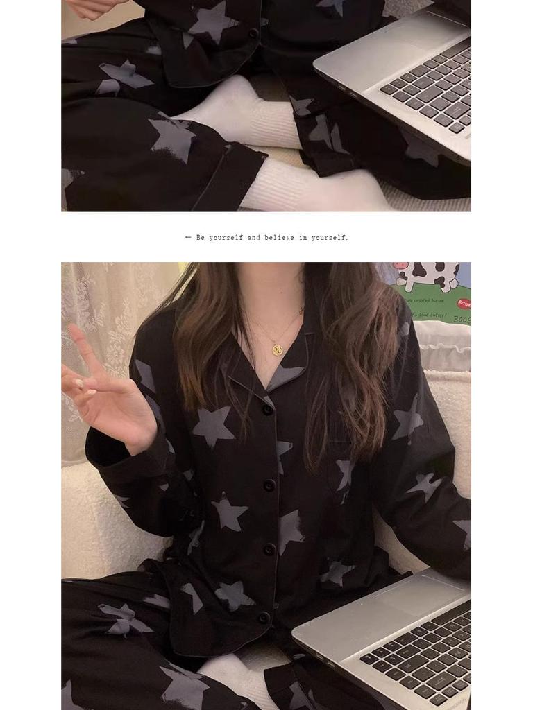 Women's Star Print Long-Sleeve Pajama Set - Black