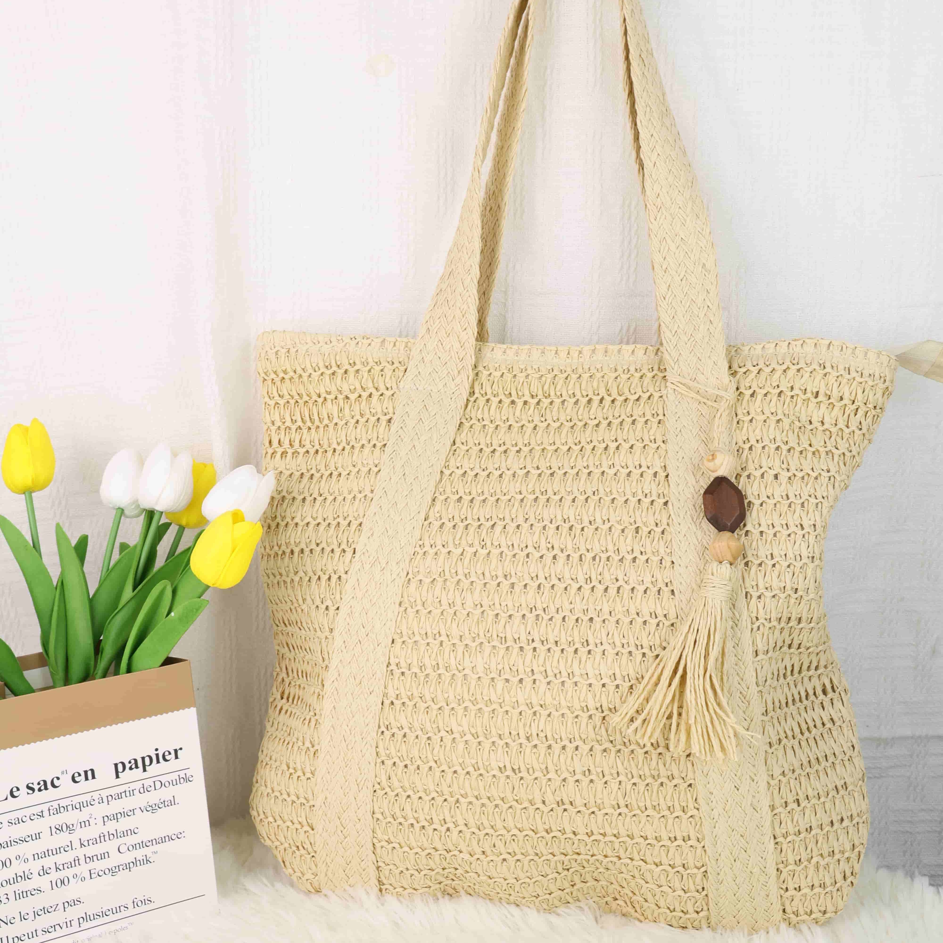 Плетеная из травы пляжная чартерная плетеная однотонная плетеная сумка универсальная большая вместимость сумка через плечо отпуск женская сумка широкополосная кисточка подвесное украшение бежевый