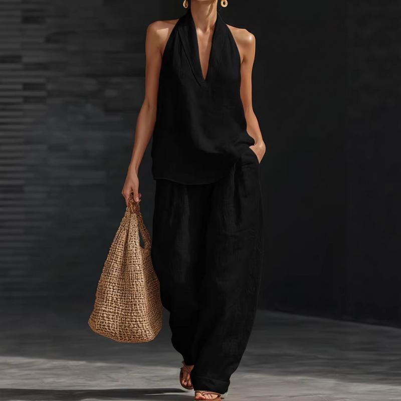 2026 Summer Women's Solid Color Halter Neck V-Neck Sleeveless Casual Suit