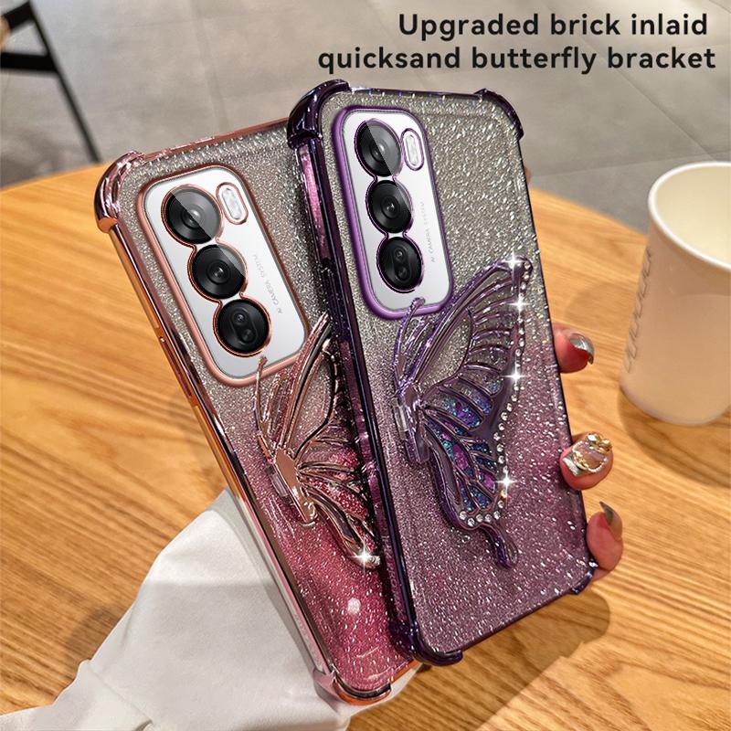 Glitzer Stoßfest Verchromung Treibsand Schmetterling Handyhalter Hülle für OPPO Reno 14 14F 13 13F 12 12F 11 11F 10 Pro Silikonhülle