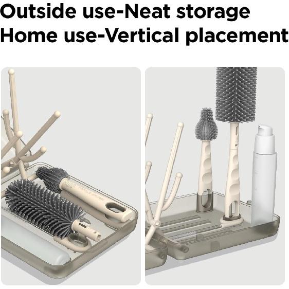 YOTIME Travel Bottle Brush Set, Auto-Open Rack & Vertical Brushs Drying Slots, 3 Brushes, Foldable Drying Rack, Dispenser, Travel Baby Essentials for