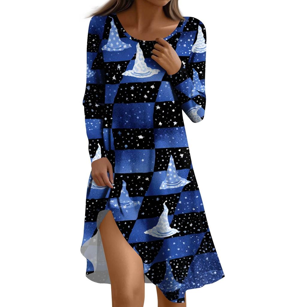 Ladies Halloween Party Dress 3D Horror Pumpkin Ghost Print Long Sleeve Round Neck Casual A-Line Dress Vestidos