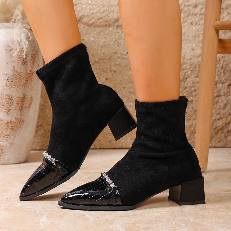 

Узкие ботинки Осень Новые Острый носок Молния Стразы Нескользящие Износостойкие Блочный каблук Одинарная обувь 35