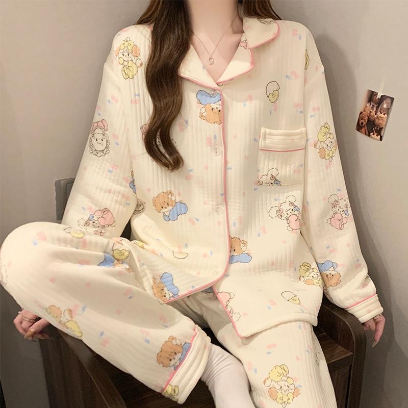 Dackel-Pyjama Herbst und Winter Damen Warm Süß Kariert Luftbaumwolle Lässig Trend Cartoon Loungewear Set