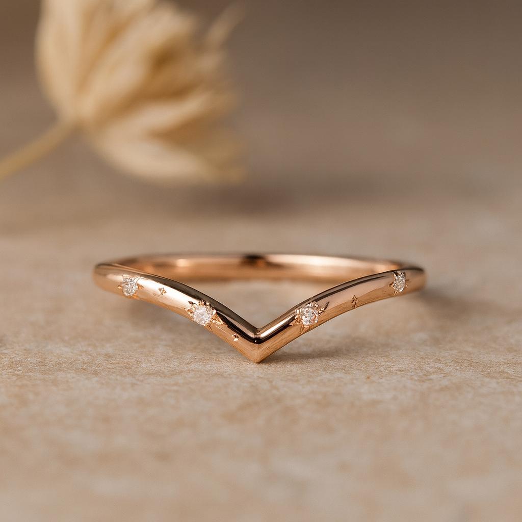 Chevron V Shape Ring, Rose Gold Plated Silver, Dainty Diamond CZ Band, Minimalist Stackable Wedding Ring for Women