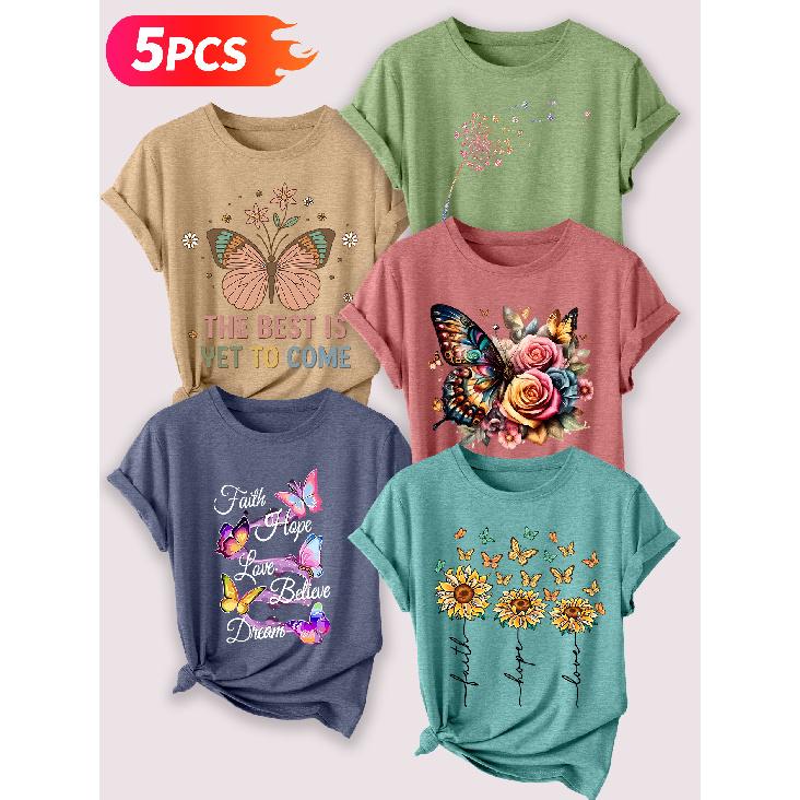 Follow a specific direction Five-piece set for women T T-shirt with butterfly inspirational print Summer casual wear Short-sleeved shirt for work