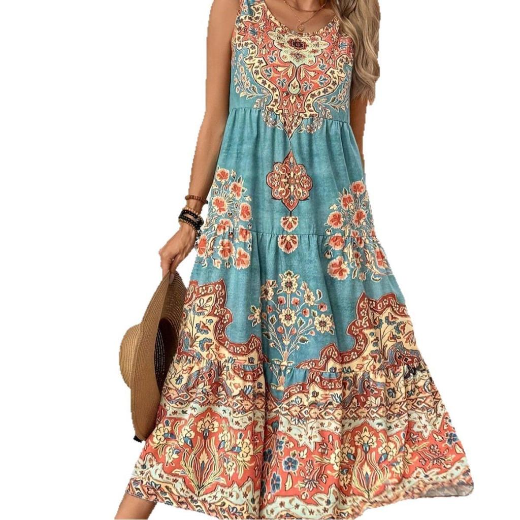 Vestido Maxi Casual de Talla Grande para Mujer con Estampado Floral Bohemio Vestido de Moda sin Mangas Vestido de Verano Vestido Vintage