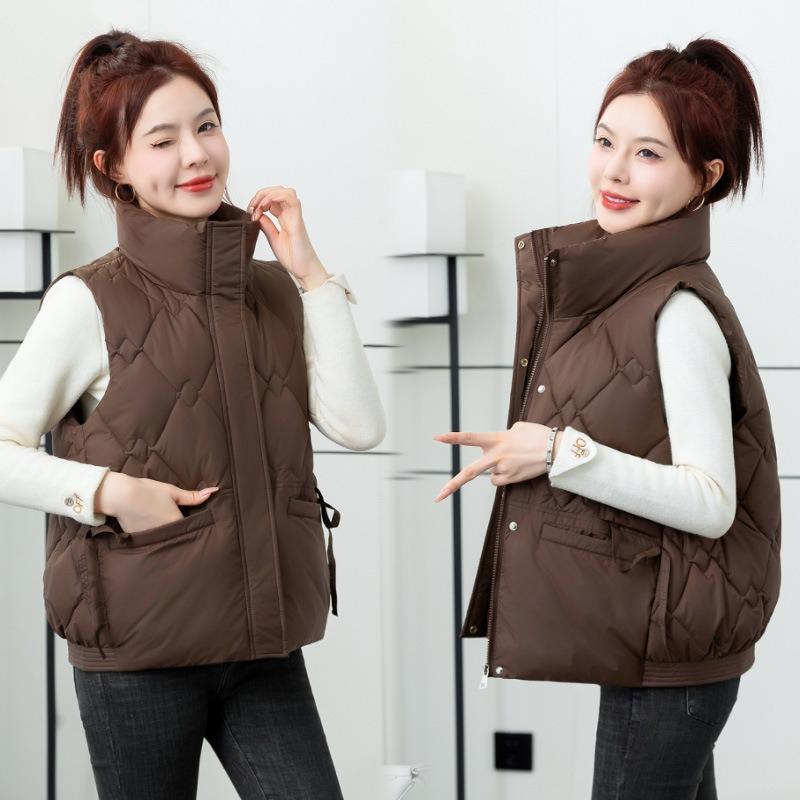 Fresh and fashionable down cotton vest women's autumn and winter rhombus stand-up collar sleeveless vest cotton vest trendy jacket