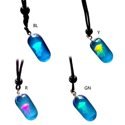 Luminous Jellyfish Pendant Necklace Glow In The Dark Long Necklace Adjustable Braided Rope Resin Pendant Necklace