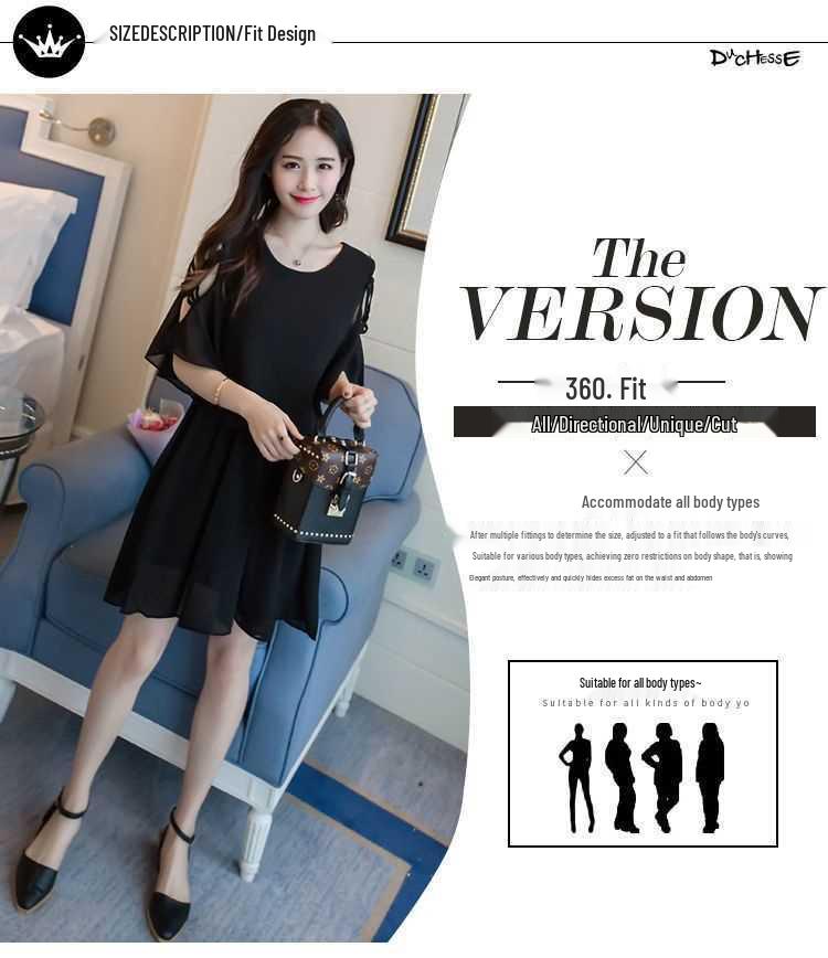 Plus Size Korean Style Chiffon Dress: Mid-Length, Slimming, Belly-Covering, Short Skirt