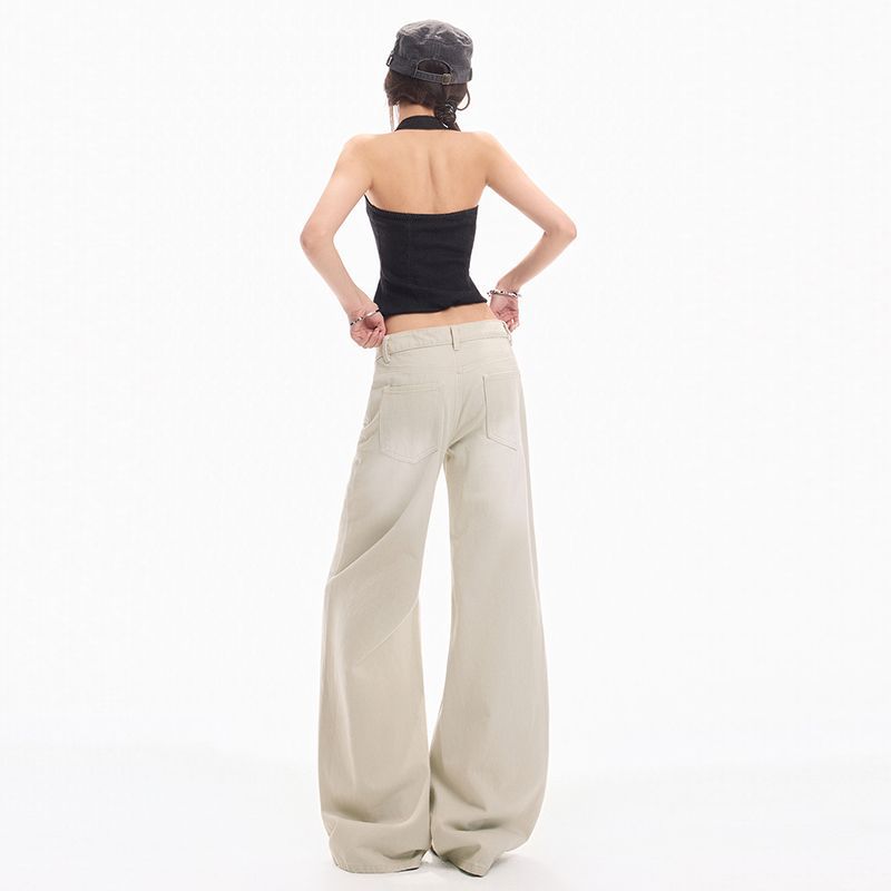 Spring Summer Light Gray Low Waist Vintage Relaxed Micro Flare Denim Pants For Ladies Casual Pants Oversize Denim Trousers