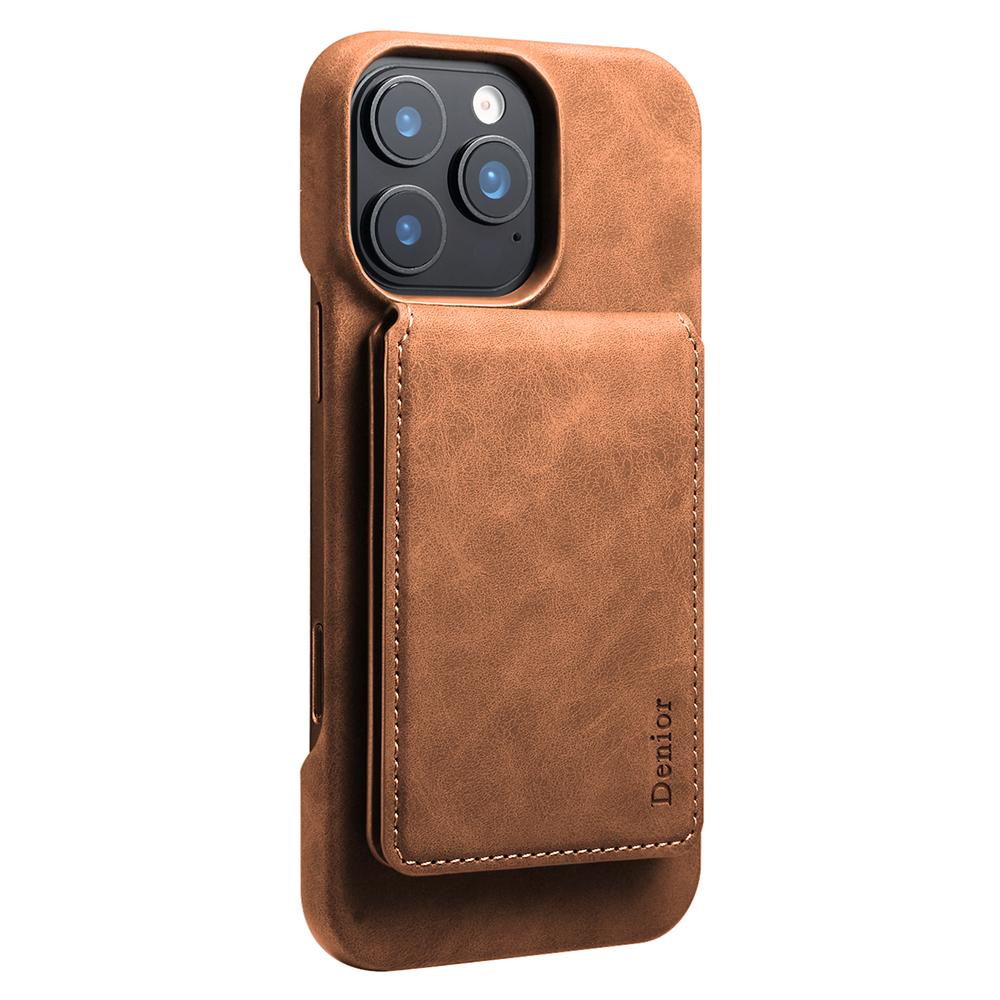 DENIOR D28 For iPhone 16 Pro Max Magnetic Case RFID Blocking Retro Leather Back Cover with Card Holder Kickstand