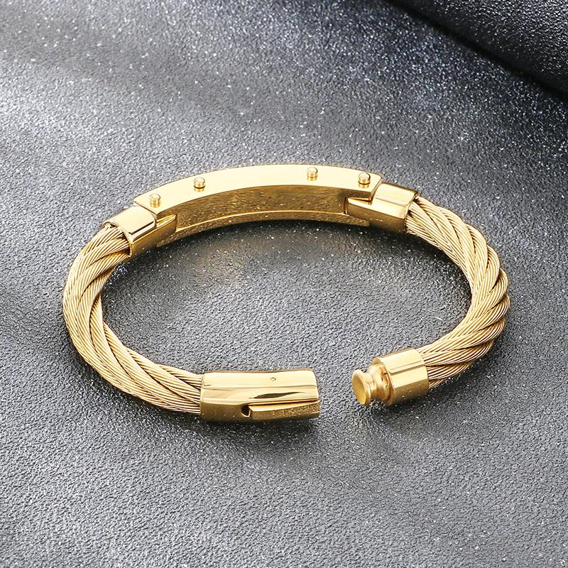 Stainless Steel Cable Wire Bracelet for Men Gold Color Magnetic Clasp Jewelry Trendy Black Accent Wristband Accessory for Gifts