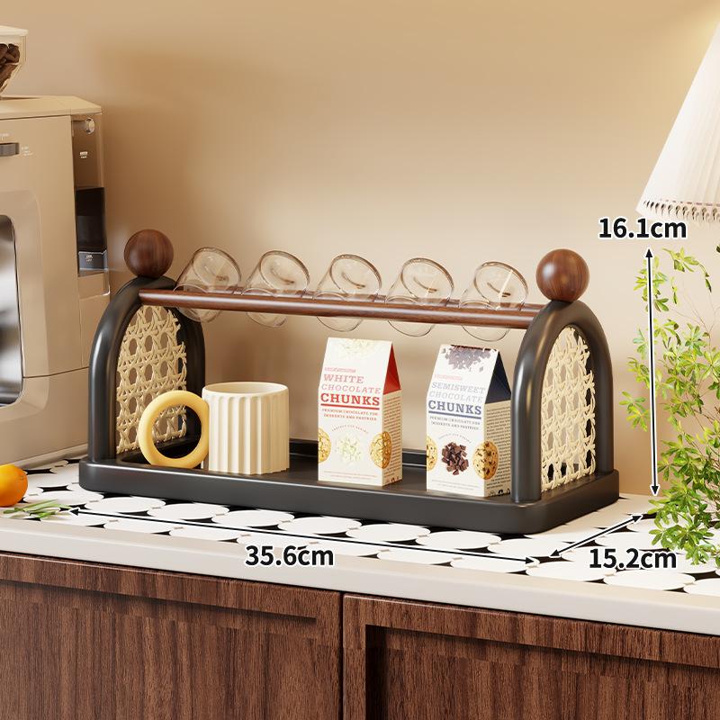 Mid-Century Modern Cup Stand Multi-Tier Wooden Mug Rack with Drip Tray Countertop Coffee Mug Organizer Kitchen Multi-Tier Shelf