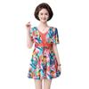 Large Size Middle Aged Women Two Pieces Modest Swimsuit Printed Drawstring Swim Dress Boyshorts Swimwear Set Short Sleeves Hot Spring Bathing Suit