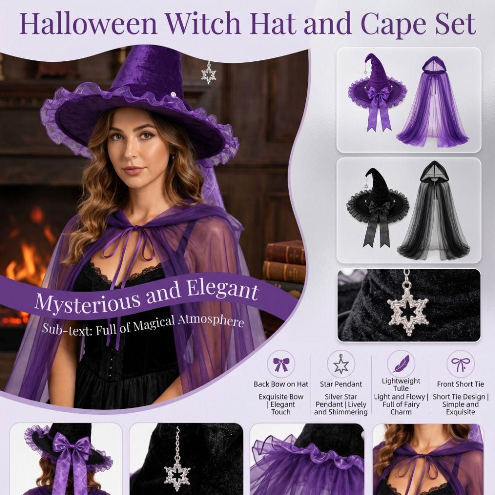 Satin Bow Halloween Witch Hat Cloak Set Hooded Mesh Halloween Cosplay Hooded Cape Costume Accessor