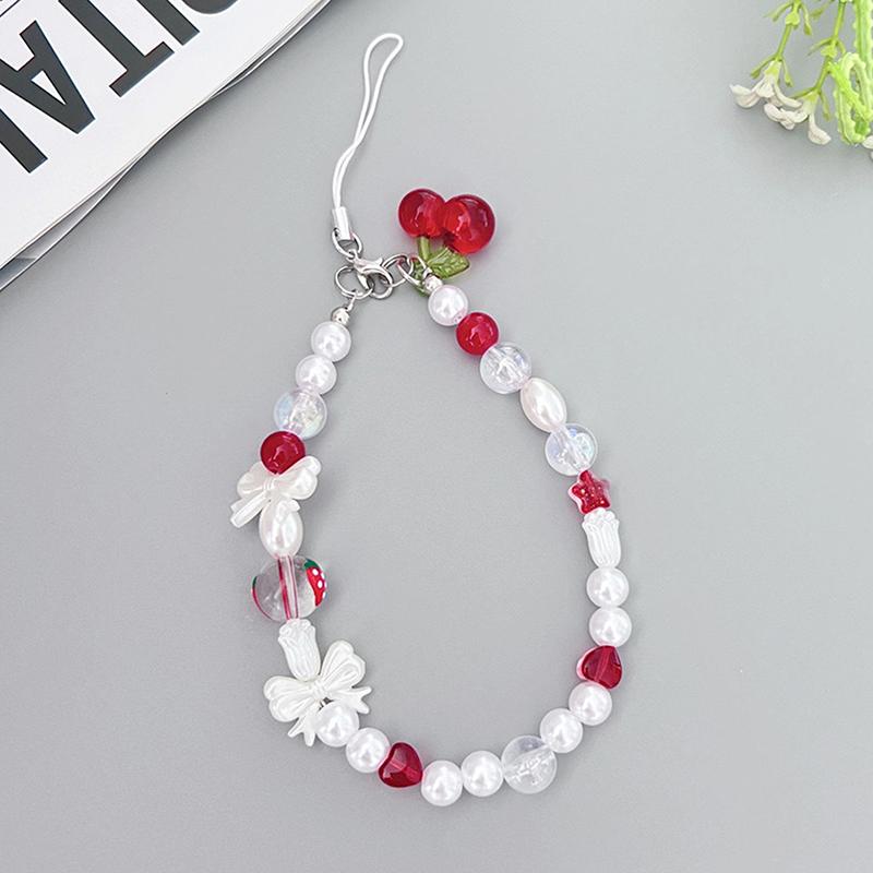 

Милый милый ремешок для телефона в виде вишни, ремешок для запястья, цепочка для мобильного телефона с бисером и бантом, эстетичный брелок для мобильного телефона Y2K