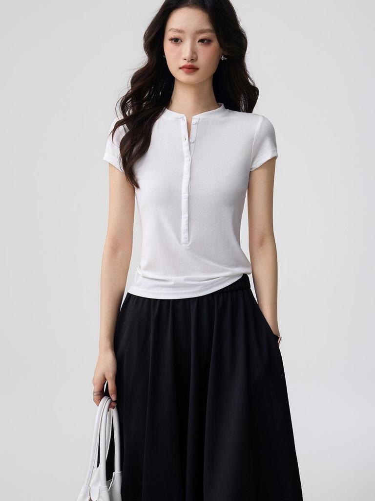 Women's Elegant Tencel Lyocell Henley Short Sleeve Slim Fit Top
