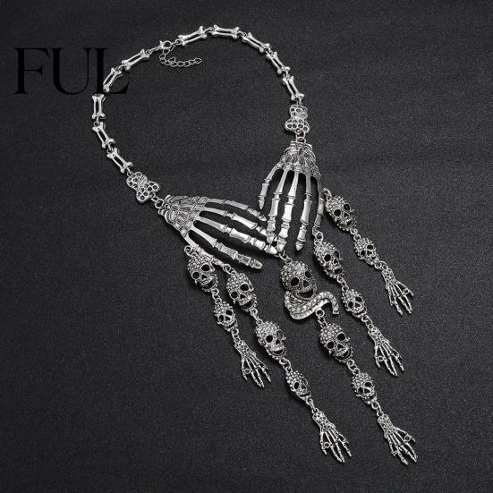 Rock Music Festival Necklace Skeleton Hand Skull Necklace, Gothic Choker Vintage Unique Charm Jewelry Punk for Women Halloween Outfit, Goth-Themed